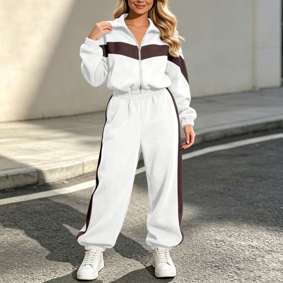 Karymi Womens Tops Color Block Two Piece Tracksuit, Long Sleeve Zip Up Stand Collar Jacket with White Stripe, Elastic Waist Jogger Pants with Side Stripes