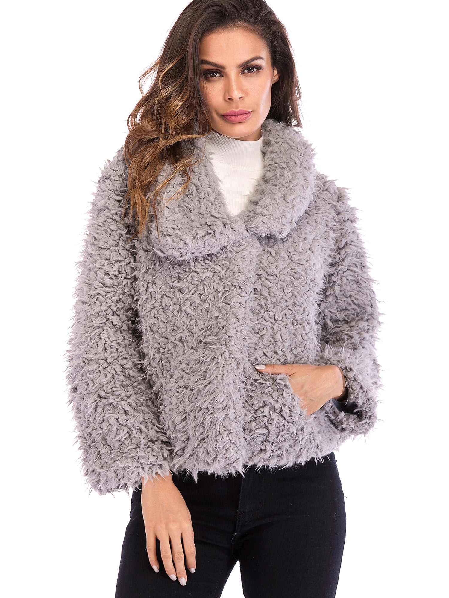 LELINTA Women's Fuzzy Fleece Lapel Open Front Short Cardigan Coat Faux ...