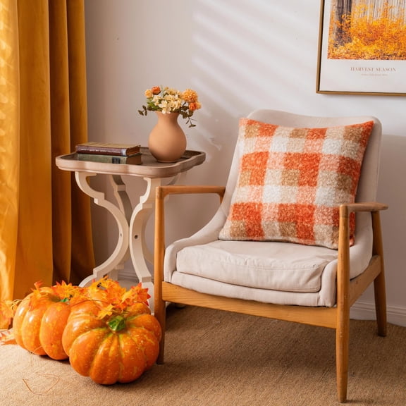 Noothes Orange Plaid Fall Throw Pillow 18x18 Inch Boucle Cozy Decorative Pillow for Sofa Couch Bed Farmhouse Living Room Decor with Hidden Zipper