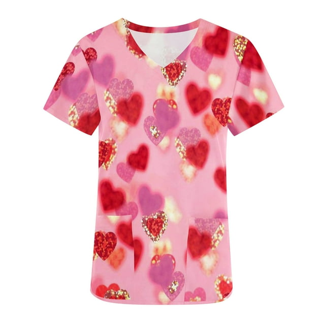 TIMIFIS Hauts de Gommage de la Saint-Valentin pour Femmes à Manches Courtes à Col en V Hauts Uniforme de Travail Imprimé de la Saint-Valentin avec Poche Blouse avec Poches - Printemps