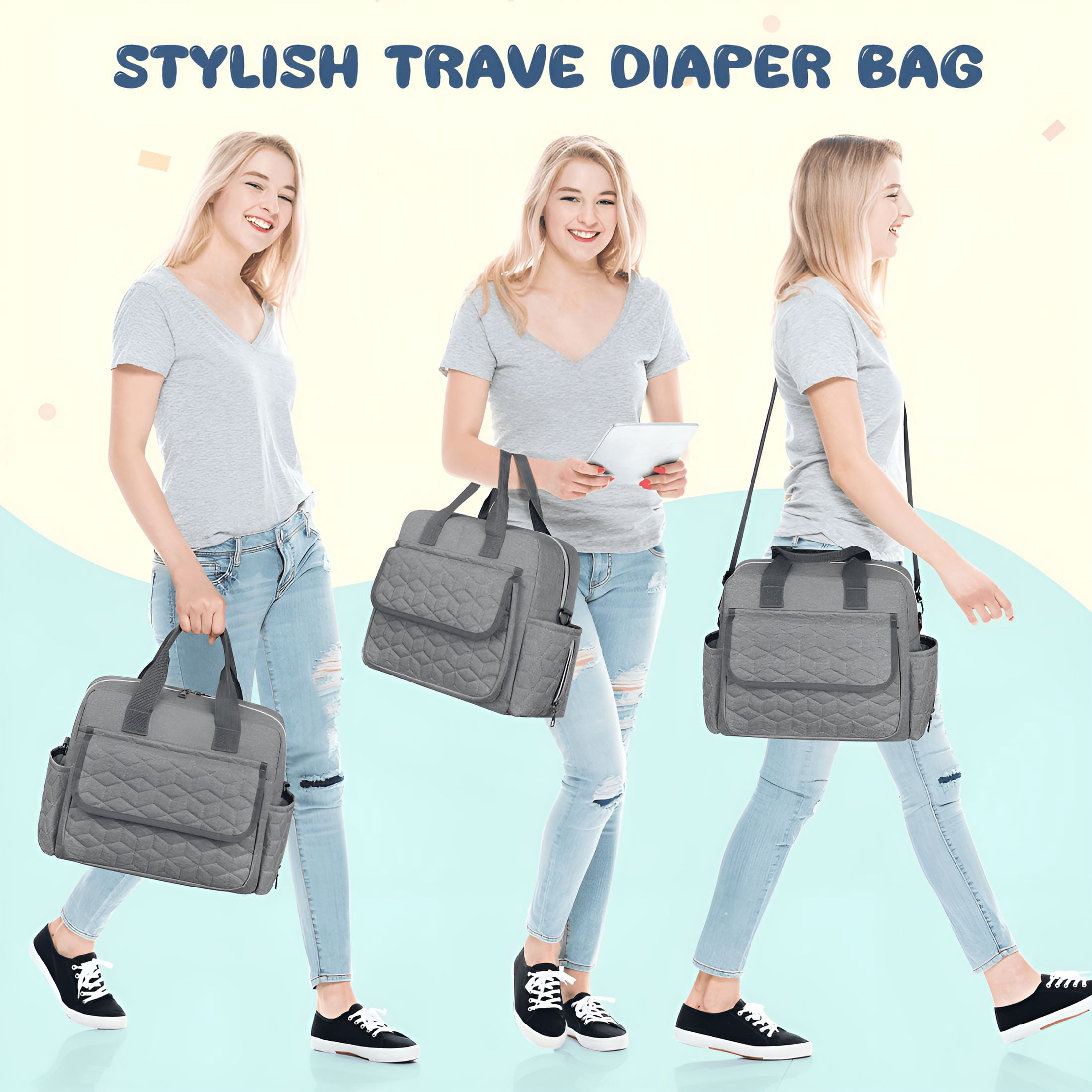 GASTROPOD 2026 New Diaper Bag Tote,Large Capacity Baby Diaper Bag with 3 Insulated Pockets,Lightweight Travel Diaper Tote for Mom Dad,Double-Layer Work Bag for Breastfeeding,Shoulder Mommy Bag(Gray)