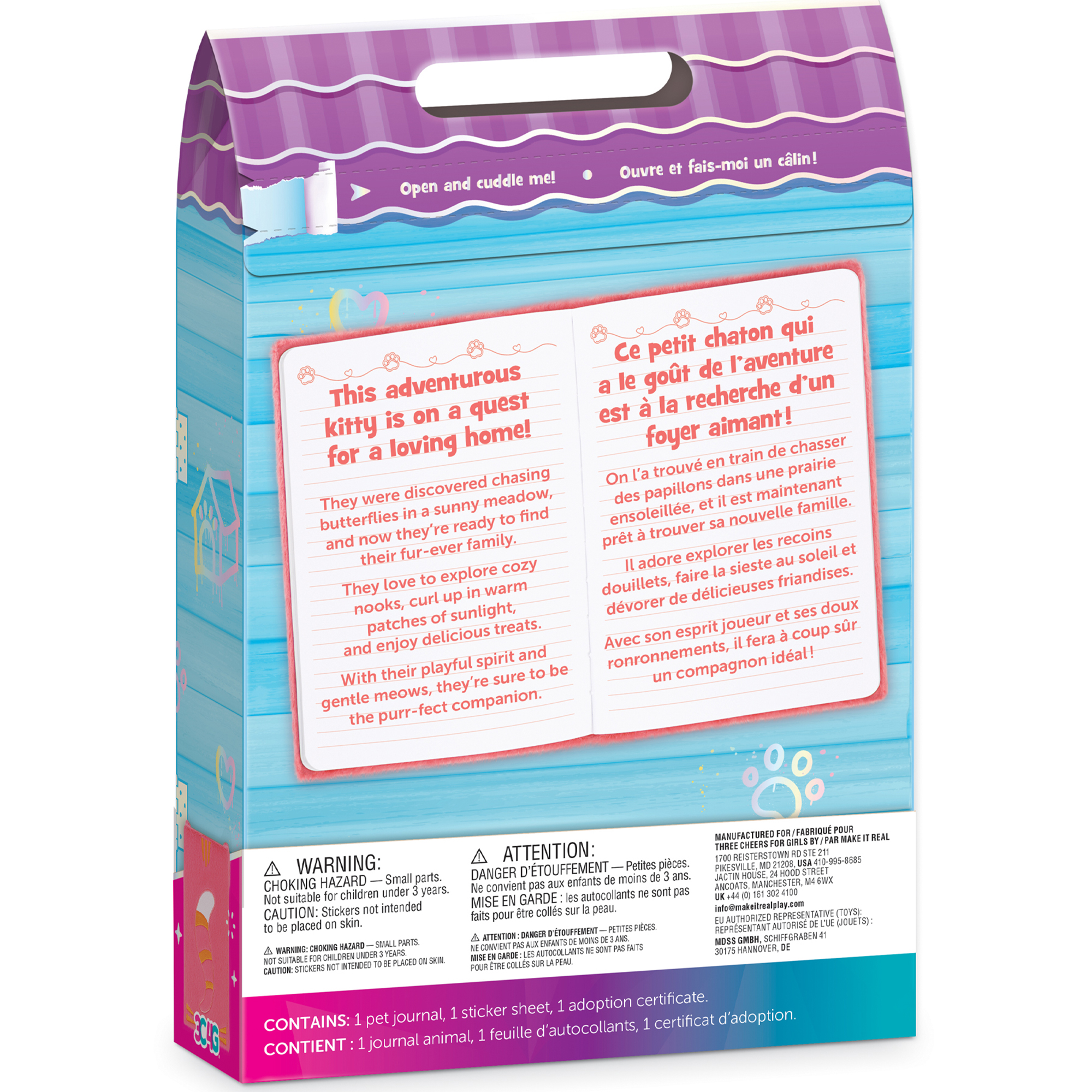 3C4G: Happy Tails Pet Adoption Journal - Cat - Pink Fuzzy Plush Diary, 3D Ears & Paws, Stickers, Custom Animal Adoption Certificate, Girls & Kids 6+