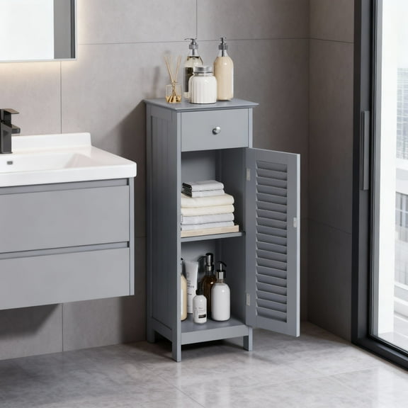 LEDREM Slim Floor Cabinet with Drawer and Shutter Door, 34.3-inch Tall Storage Organizer with Anti-Tip Kit, Dove Gray