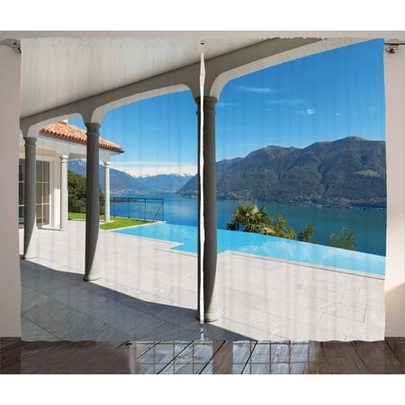 View Terrace - Italian Curtains 2 Panels Set, Lake Maggiore View From the Terrace Balcony of House with Pool Art, Window Drapes for Living Room Bedroom, 108W X 108L Inches, Turquoise Grey and White, by Ambesonne