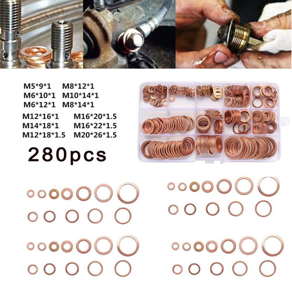 280x 12 Sizes Car Accessories Solid Copper Crush Washers Seal Flat Ring with Box 