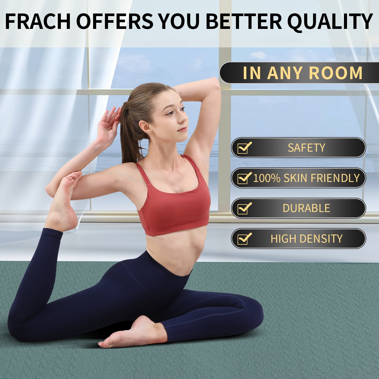 Frach Large Yoga Mat（6'×4')- TPE 10mm Extra Thick Non-Slip Mats with strap for Home Workout/Pilates(Green + Grey)
