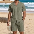 thumbnail image 2 of Linen Sets for Men Button Down Cuban Guayabera Shirt with Pocket Shorts Set 2 Piece Cotton Linen Outfits Big and Tall Size S-3XL Army Green, 2 of 6