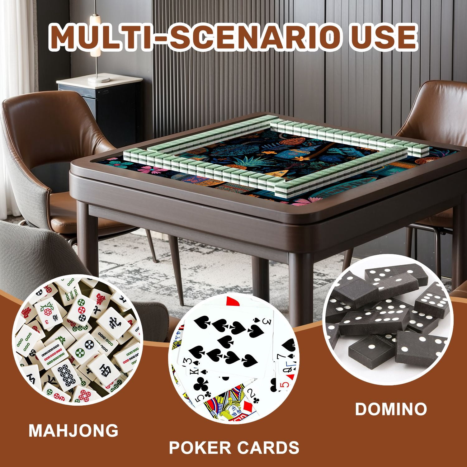 Mahjong Mat 31.5" x 31.5" seamless retro exotic brown Non-Slip Noise Reduction American Mahjong Tiles Table Cover for Dominoes Poker Card Board Games Gift