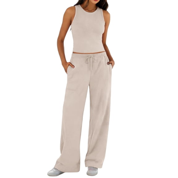 NMMUED Women's 2 Piece Lounge Sets Sleeveless Tank Tops Wide Leg Pants Sets Tracksuits Matching Outfit Womens Loungewear Set Beige L