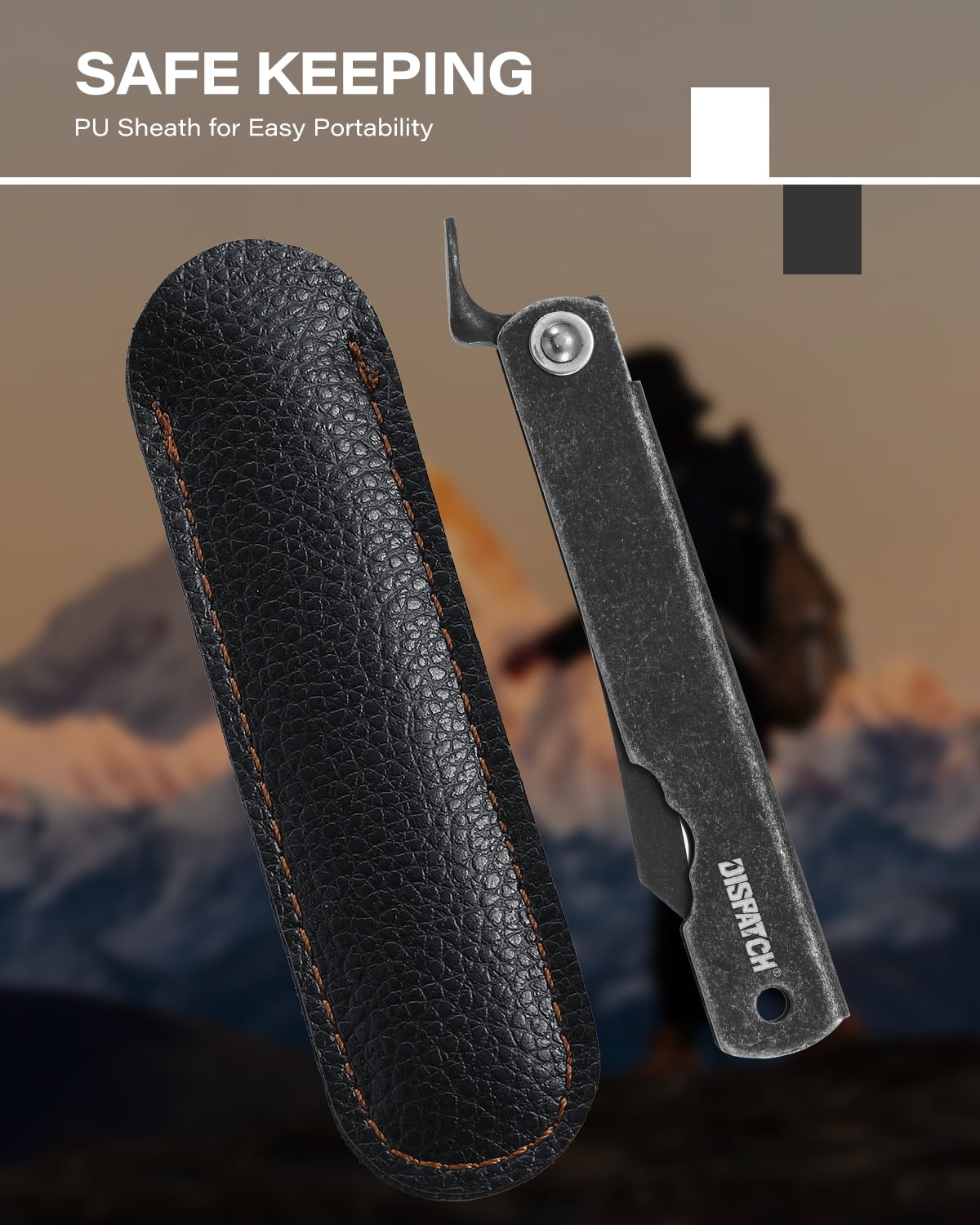 Dispatch 3.6'' Lockless Folding Pocket Knife, 7Cr Blackened Stone-Washed Blade, Stainless Steel Blackened Stone-Washed Handle with Black PU Sheath