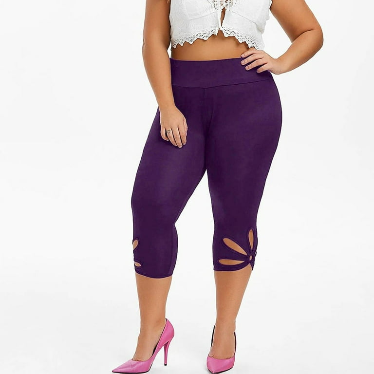 JWZUY Women Plus Size Yoga Leggings Fashion Legcut Hollow Design Solid High  Waist Tummy Control Capri Pants Stretch Workout Pant 1-Purple XXXL