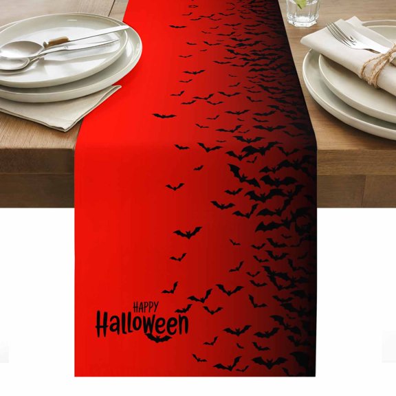 Halloween Table Runner - 72 Inch Long, Kitchen Dining Table Runner Dresser Scarves, Fall Horror Spooky Bats Gradient Black Red Farmhouse Decor for Coffee Tables Wedding Party Banquet