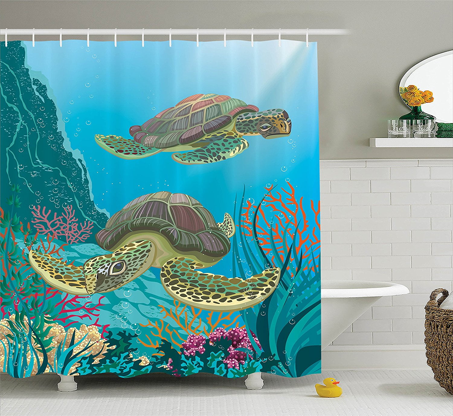 Sea Animals Decor Shower Curtain Set By , Illustration Of Two Sea