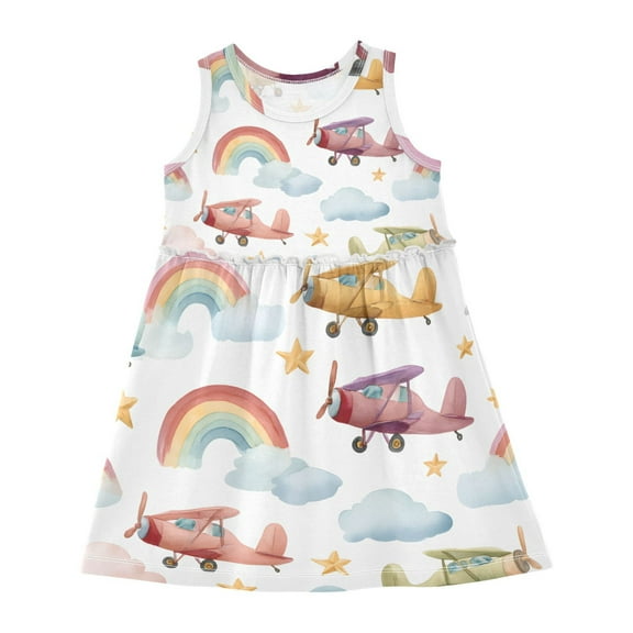 Girls Dress Airplane Rainbow Sleeveless Dress for Girls Hem A-Line Casual Sundress