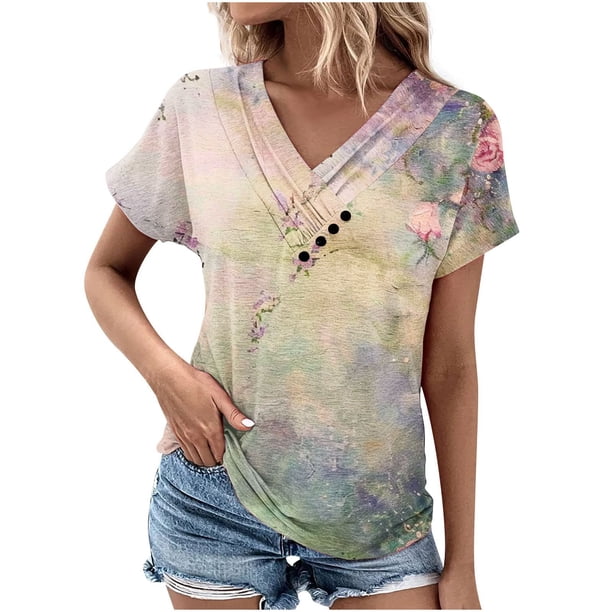 Mujeres de Verano Superior, V-Cuello Casual Camiseta de Moda de Manga Corta Hecha de Cómodo Estante de Imitación para Toda la Temporada de Uso Diario, Camisetas Cortas para Mujeres