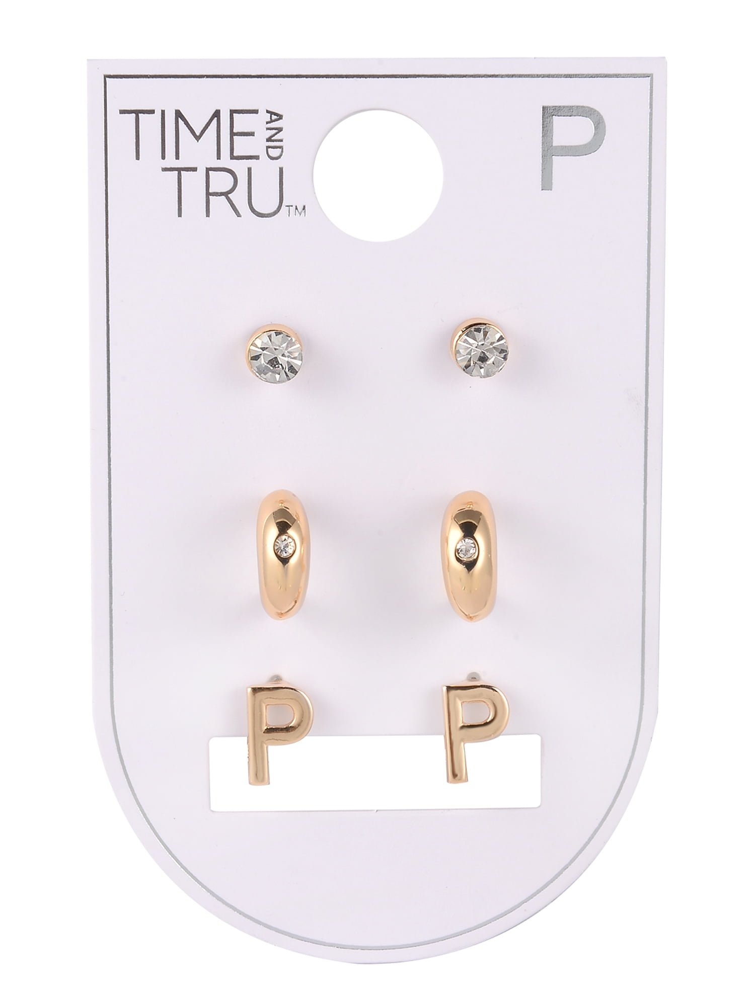 Time and Tru Goldtone 3-On Crystal Stud, Hoop, Initial "P" Earring Set