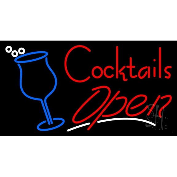 Cocktails With Two Glasses Open LED Neon Sign 20 x 37 - inches, Clear Edge Cut Acrylic Backing, with Dimmer - Bright and Premium built indoor LED Neon Sign for Bar decor.