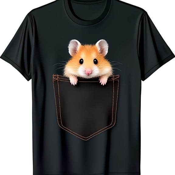 Adorable Black T-Shirt with Pocket Graphic: Cute Hamster Peeking Out