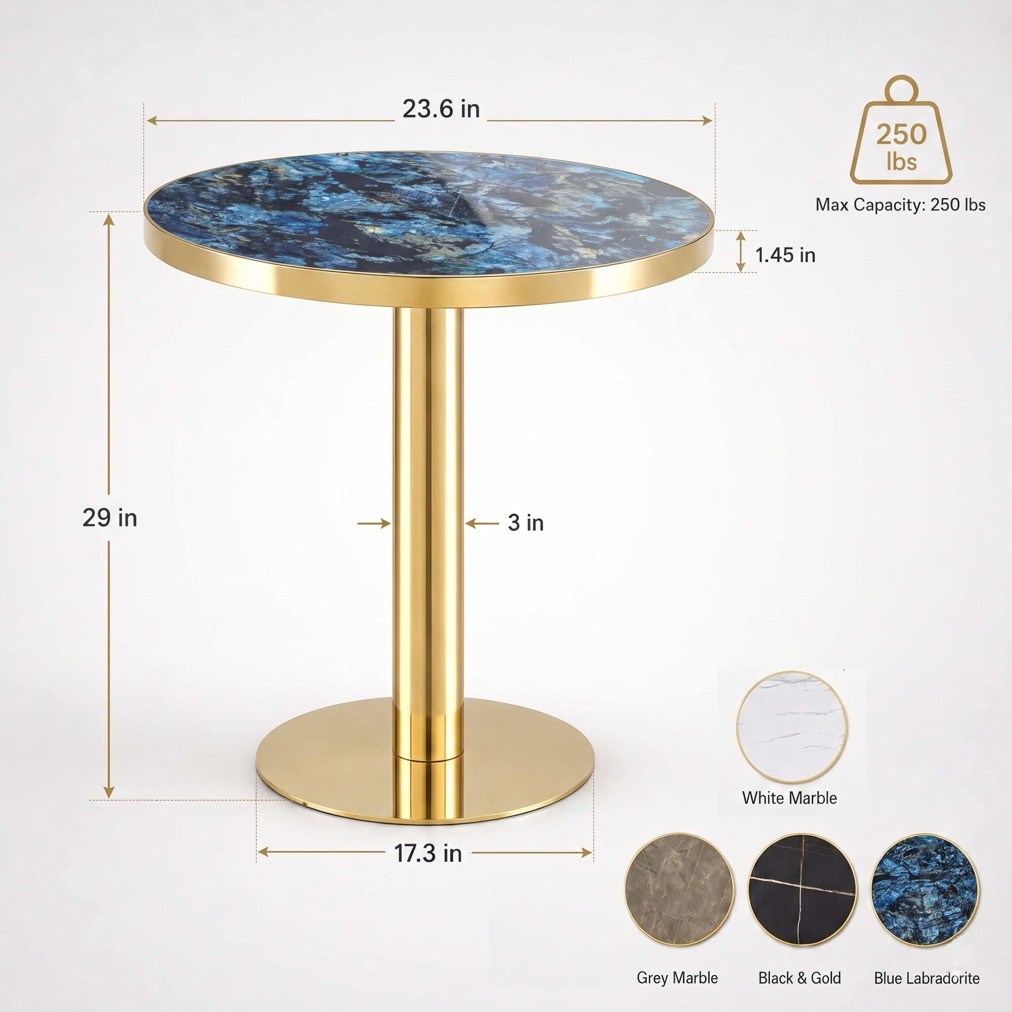 23.6" Round MDF sprayed with UV paint countertop, marble texture, stainless steel edging, metal table legs, modern light luxury edge/coffee table.