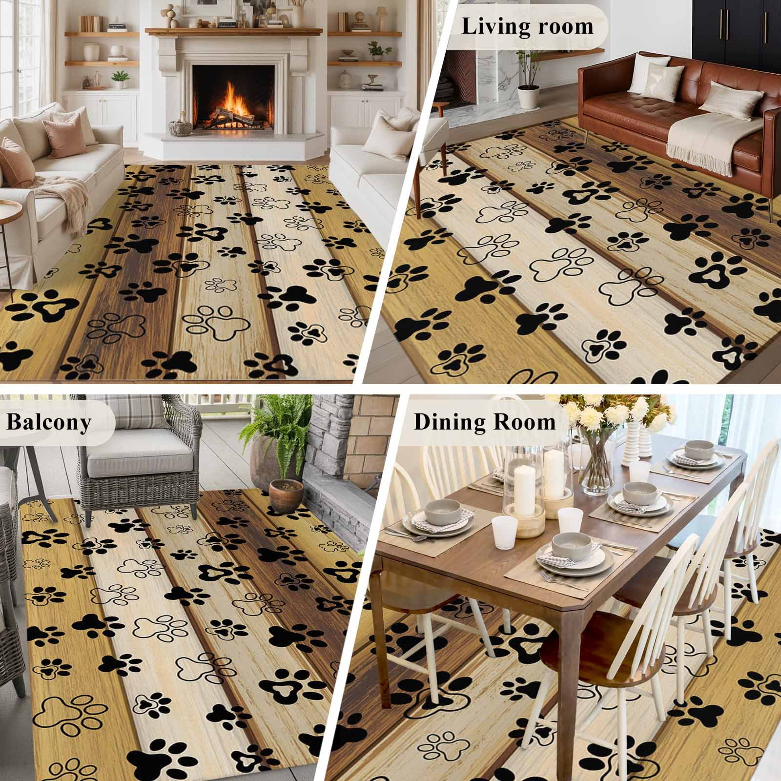 Area Rug for Living Room, Cute Dog Claws Non-Slip Indoor Large Carpet for Bedroom/Dining Room, Farmhouse Brown Wooden Grain Puppy Pawprints Washable Low-Profile Rectangle Floor Runner Rugs - 6 x 9 Ft