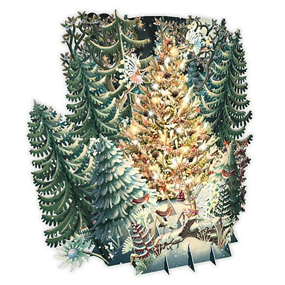 Me & McQ Fairies Decorating Bright Tree Surrounded by Evergreen Trees Laser Cut 3D Pop Up Christmas Card