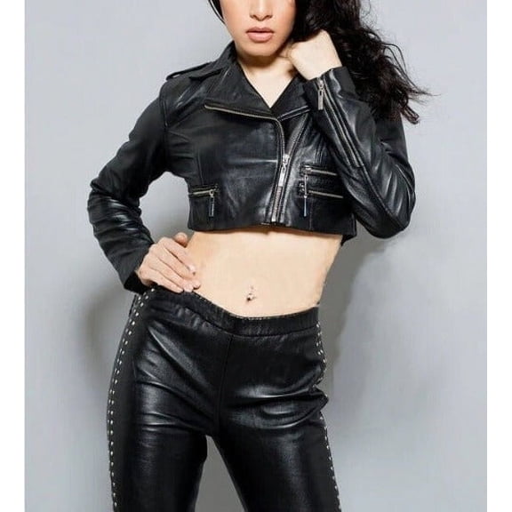 Noora Women Black Cropped Real Leather Jacket, Motor Bolero Shrug Crop Leather Jacket With Long Sleeves Beautiful Look