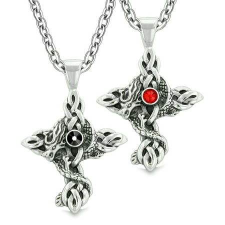 Fire Dragon Celtic Knots Protection Cross Amulets Love Couples or Best Friends Set Black Red (Best Knot For Necklace)