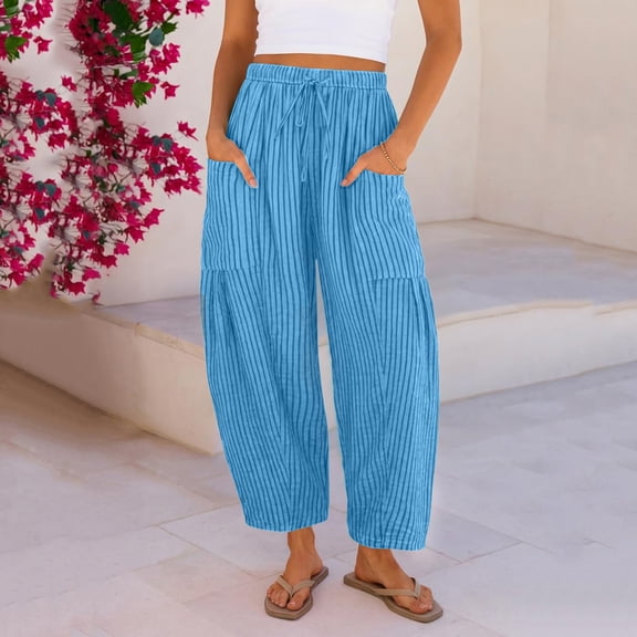 Lumtrix Womens Wide Leg Linen Pants Casual Loose Baggy Drawstring Summer Beach Travel Vacation Palazzo Harem Pants with Pockets Light Blue M