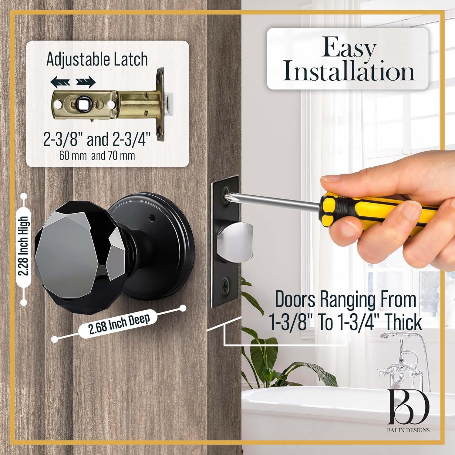 Balin Designs Crystal Doorknob by Balin Designs (Matte Black) - Decorative Hardware Interior Keyless Passage Door Lock for Hallway Passage, Kitchen, or Other Doors (1 Pack)