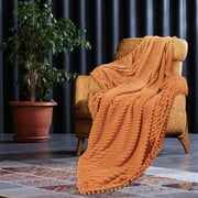 DISSA Flannel Fleece Blankets with Pompom Fringe Lightweight Soft Throw Blanket Fit Sofa Bed(Orange,51x63)