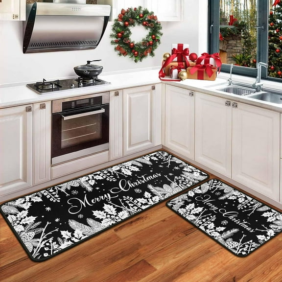 Christmas Kitchen Mats Set of 2, Black Christmas Decorations for Home, Holly Pine Branches Pinecones Kitchen Rugs Non-Slip Backing Winter Floor Mat Xmas Decor Washable Runner Rug 17"x47.2" 17"x30"