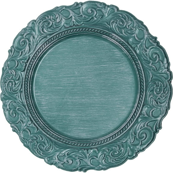 Simply Elegant Antique Look Plastic Charger Plate | Service Plate for Parties, Dinner, Weddings, Quinceaneras and Events | 14 inch Diameter | Teal - Gloss Finish | Set of 24