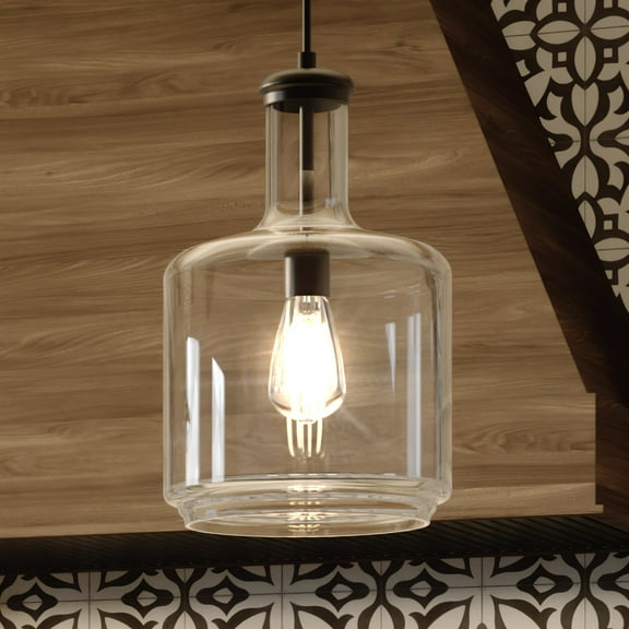 Luxury Industrial Indoor Pendant, 15.5''H x 9.4375''W, with Coastal Style Elements, Modern Farmhouse Design, Midnight Black Finish and Clear, UHP3711