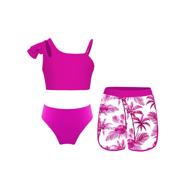 Yanarno Kids Girls 3Pcs Tropical Trees Print Rash Guard Swimsuit Sleeveless Sun Protection Beachwear Bathing Suit Hot Pink 14