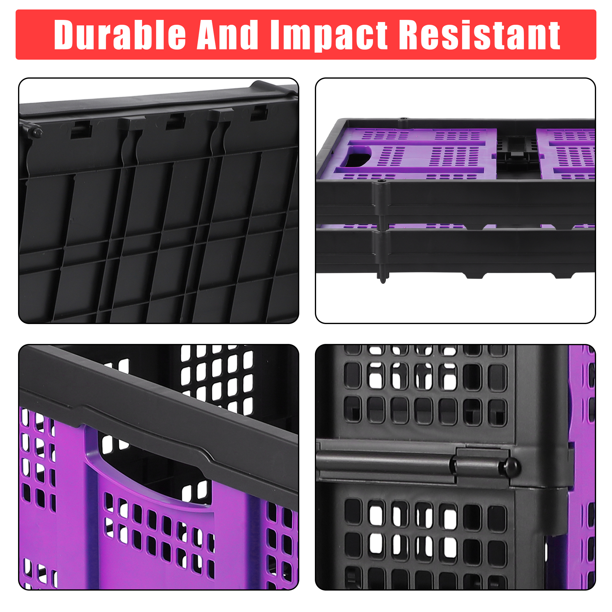 Large 14.5 Gallon Collapsible Storage Crate – 55L Extra-Thick Collapsible & Stackable Plastic Organizer Bin with Handles – Heavy-Duty Basket for Home, Kitchen, Office, Garage, Moving – Purple