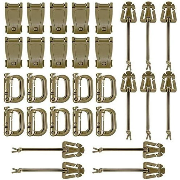 Kit of 30 Attachments Tactical Backpack Vest Belt,D-Ring Grimloc Locking Gear Clip, Web Dominator Elastic Strings, Strap Management Tool Buckle（Coyote Tan）