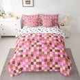 thumbnail image 2 of Homewish Kawaii Pink Brown Plaid Twin Bedding Sets 7-Piece, Vintage Game Abstract Bedding Comforter Set, Chic Square Rectangle Reversible Sheet Sets, Lightweight Room Decor, 2 of 7