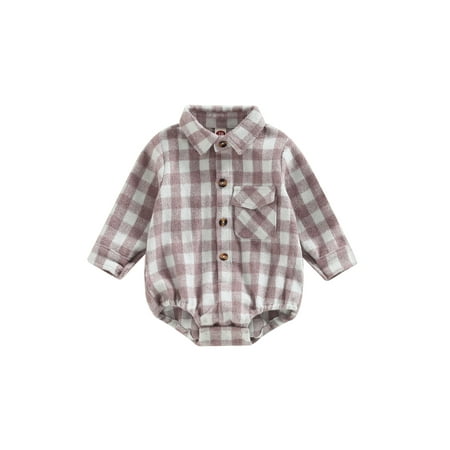 

Newborn Baby Boy Girl Flannel Plaid Romper Long Sleeve Lapel Button Down Shirt Bodysuit