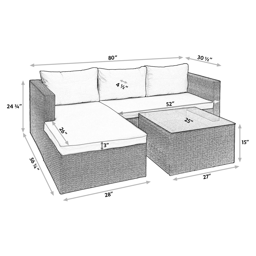 Abble 3pcs Patio Furniture Set Outddor Wicker Sectional Set Conversation Sofa Set with Cushions-Gray