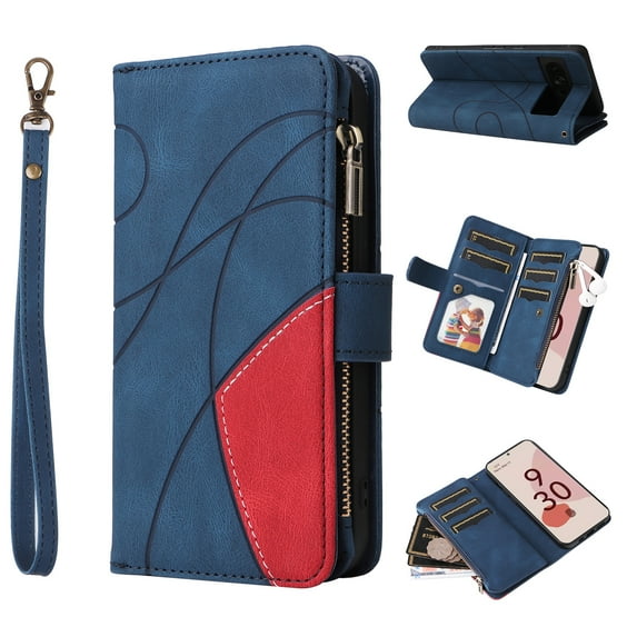 Zipper Wallet Case for Google Pixel 7A Large Capacity Card Slots Holder Magnetic Cover, Luxury PU Leather Anti-Shock Flip Folio Case with Kickstand Wrist Strap Handbag Protective Case,Blue