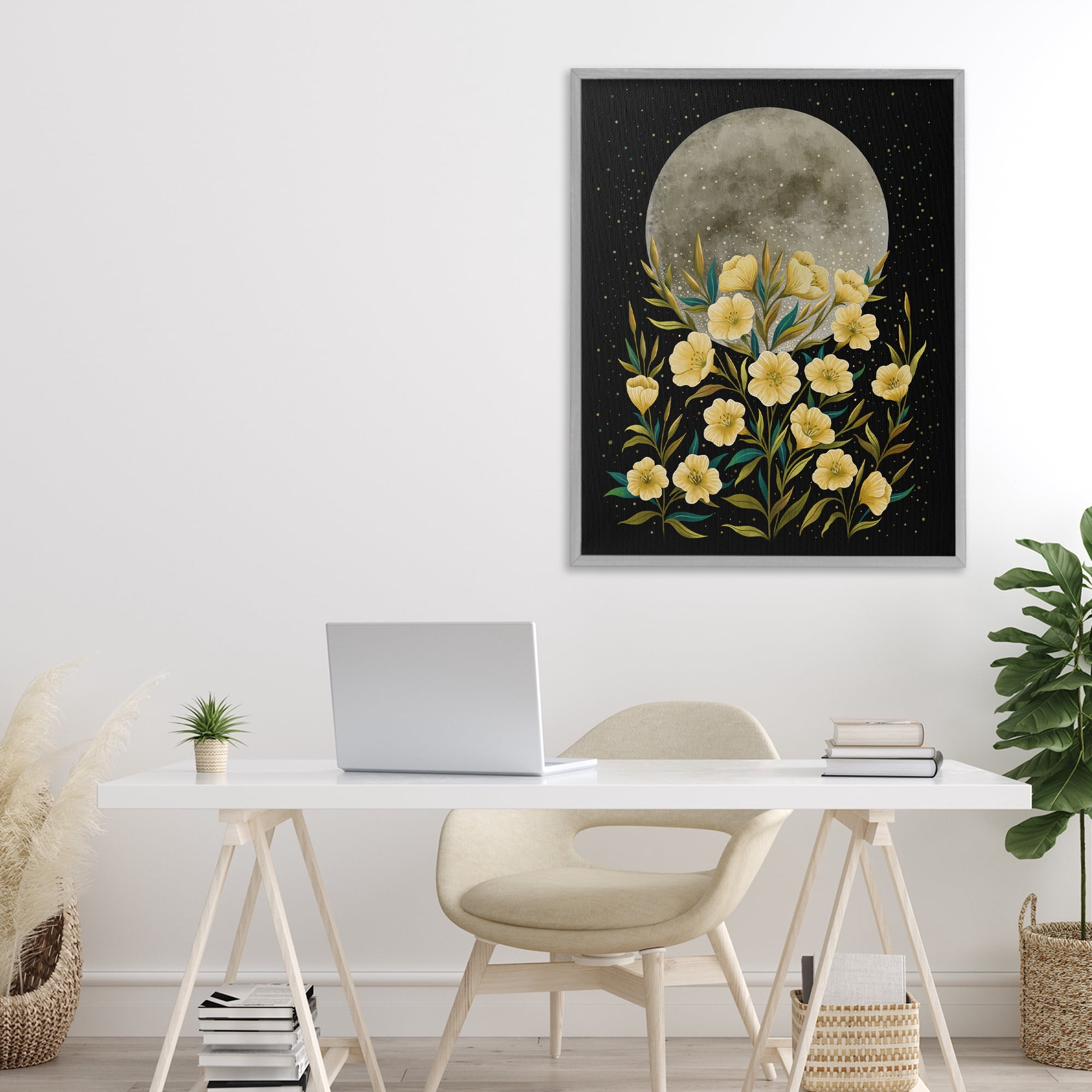 Stupell Industries Moon Greeting Yellow Flowers Gray Framed Giclee Art, design by Episodic Drawings
