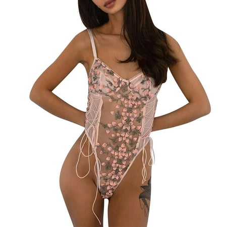 BLTIBY Womens Erotic Lingerie Pajamas Jumpsuits Sets Babydoll Dress Thong Lace Embroidered Sleepwear Thin Sheer Nightgowns Nightdress See-through Nightwear Pink M