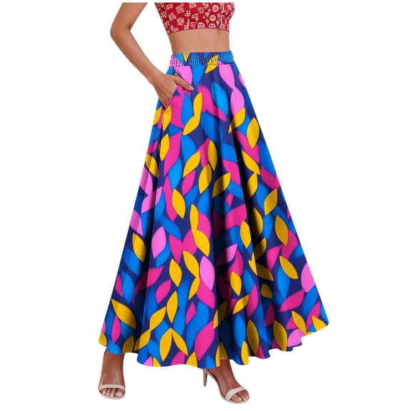 Ygbgbb Women's Flowy Elastic High Waist Skirts Trendy Tropical Floral Print Maxi Skirt Flowy A-Line Long Skirt Trendy Summer 2026 Boho Casual Beach Holiday Skirt Multicolor XXL