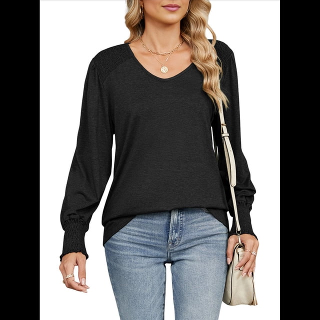 Camisas Casuales Holgadas de Larga para Mujer, Blusas Fruncidas con Cuello en V, Blusas de Moda. Negro S