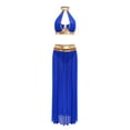 thumbnail image 3 of YiZYiF Women's Belly Dance Costume Halter Crop Top with Sequin Tassel Split Mesh Long Skirt 2Pcs Set Blue A L, 3 of 7