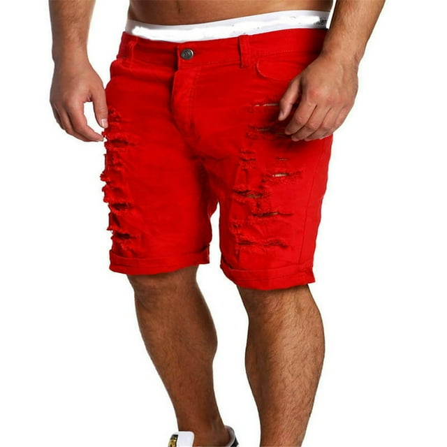 Men Summer Jeans Slim Fit Straight Skinny Shorts Fit Denim Trousers Button Hollow Out Shorts