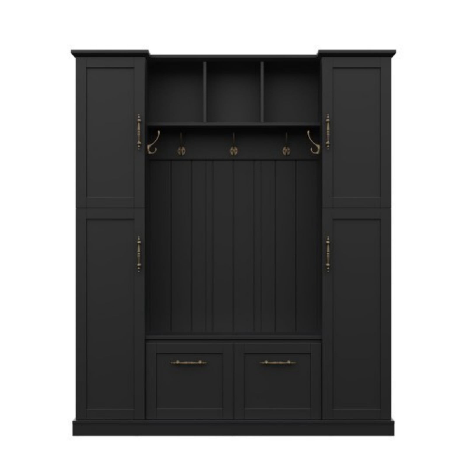 Farmhouse Entryway Hall Tree with Bench, All-in-One Mudroom Storage Cabinet with 4 Side Cabinets, Adjustable Shelves, Open Cubbies & 5 Hooks, Beadboard Coat Rack for Hallway, Black