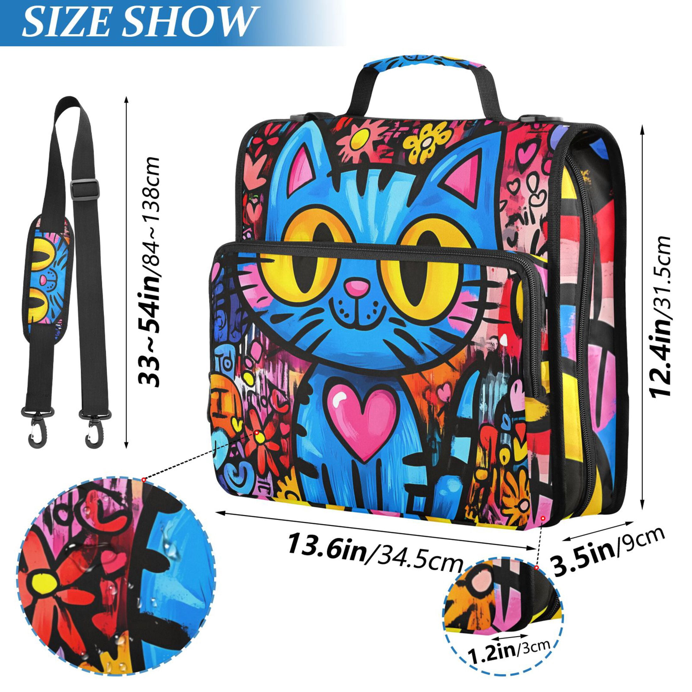 3 Ring Zipper Binder with Shoulder Strap Waterproof Trapper Keeper 2 Inch D-Ring 500 Sheets Capacity Cartoon Graffiti Cat