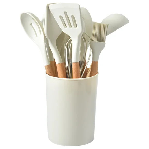 12-Piece Kitchen Utensil Set with Holder, Heat-Resistant Non-Stick Silicone Cooking Utensils, BPA-Free Cookware Tools with Stainless Steel Handles, Spatula, Spoon, Whisk, Brush for Home Kitchen