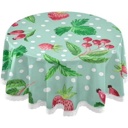 

SKYSONIC 60 Spring Berry Strawberry Green Leaf Dots Round Tablecloth Table Cloth Cover Mat Washable Polyester Home Decorative for Dining Wedding Holiday Party